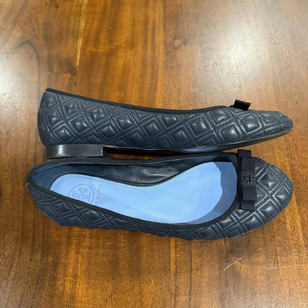 Tory Burch Marion Quilted Navy Blue Leather Bow Ballet‎ Flats Size 7
